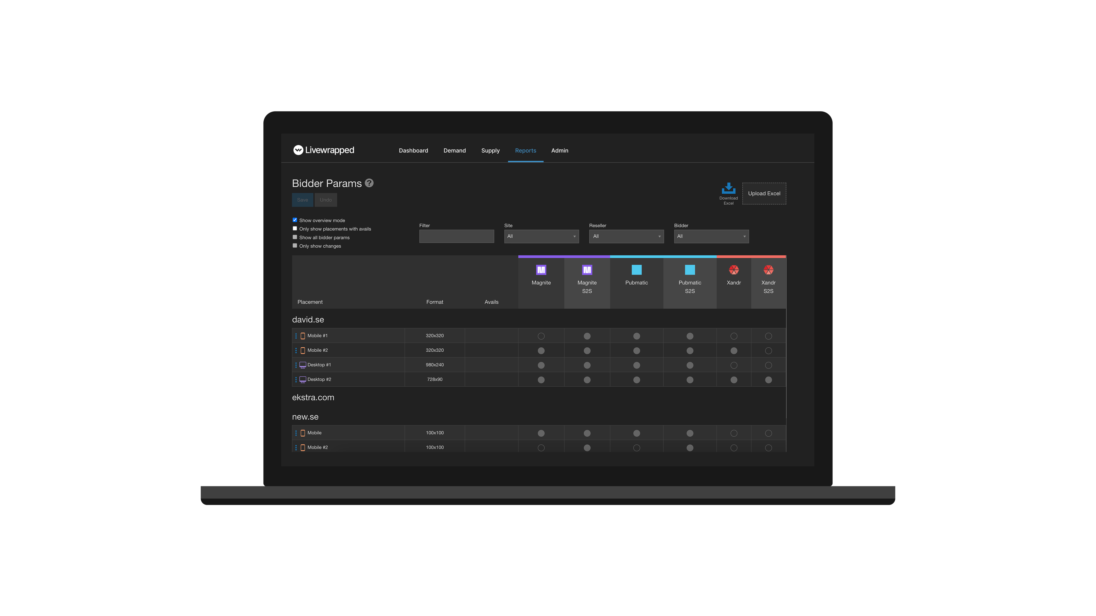 Bidder Params configuration grid in Livewrapped